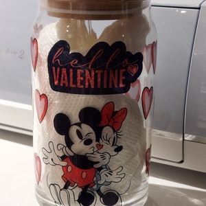 Mickey & Minnie Mouse glass cup with glass straw